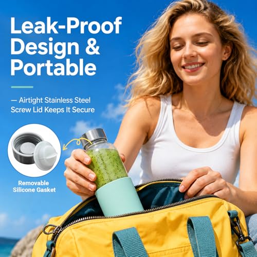 Image of Luxfuel 16 oz Glass Water Bottles 4 Pack with Lids & Silicone Sleeve | Leak Proof Glass Juice Bottles with Stainless Steel Lids for Juicing, Smoothies & Fridge Storage, Reusable, Dishwasher Safe