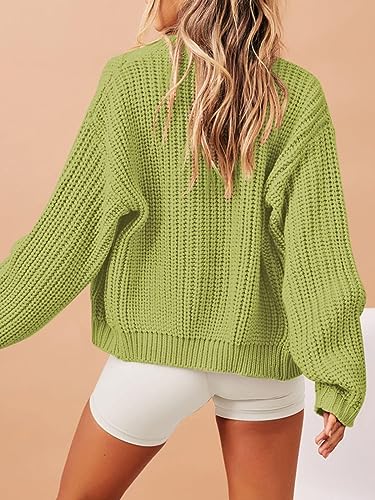 Image of Women's Full Zipper Oversized Cardigan Sweater Long Sleeve Chunky Knit Crew Neck Cardigans Jacket Coat, Green M