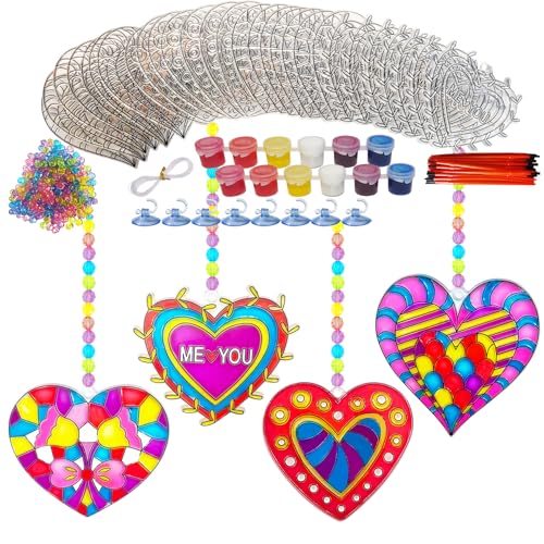 Ayhuhra 28 Sets Heart Suncatchers for Windows Valentine's Day Suncatcher Craft Kits DIY Window Paint Art Heart Sun Catchers for Classroom Art Craft Mother's Day Party Supplies