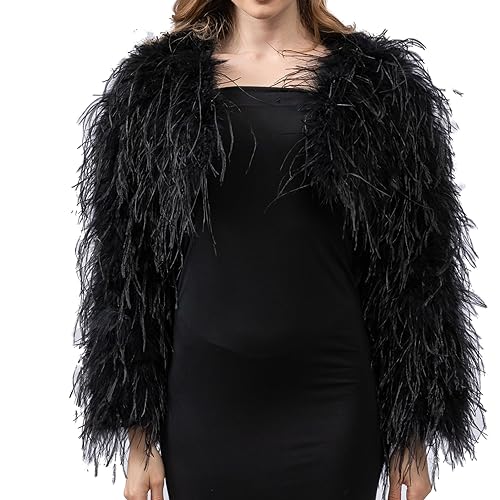 LVCOMEFF Women Ostrich Feather Cropped Jacket Bolero Top with Long Sleeve for Party Furry Luxurious
