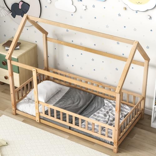 Miniatura 25 de Cama de suelo de tamaño matrimonial con valla para niños pequeños, cama Montessori con techo de casa, marco de cama de piso de madera matrimonial
