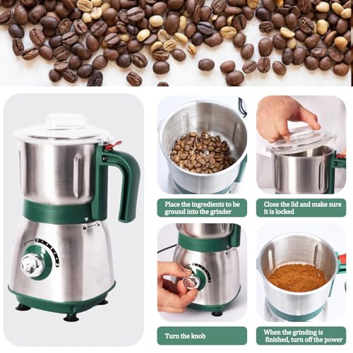 Electric Grinder for Kitchen - 500W Grain Mill with 3 Stainless Steel Blades, Versatile Spice Grinder for Coffee, Grinding Spices, Bean, Grains, Nuts (Green) - Thumbnail 5