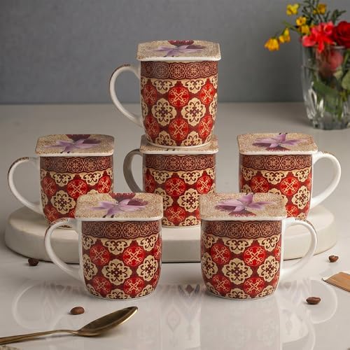 Image of U.P.C. Premium Bone China Ceramic Coffee Mug Set of 6 with 6 Coasters | Designer Tea & Coffee Cups |Printed Ceramic Mug Set | Tea Cups for Home,Office.