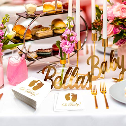 Clearance.. Baby Shower Napkins - Oh Baby Gold Feet Design for Boy and Girl, 100 Pack, 3-Ply, White Paper, Disposable Tableware Decorations Supply for Cocktail Dinner Lunch Birthday - Thumbnail 3