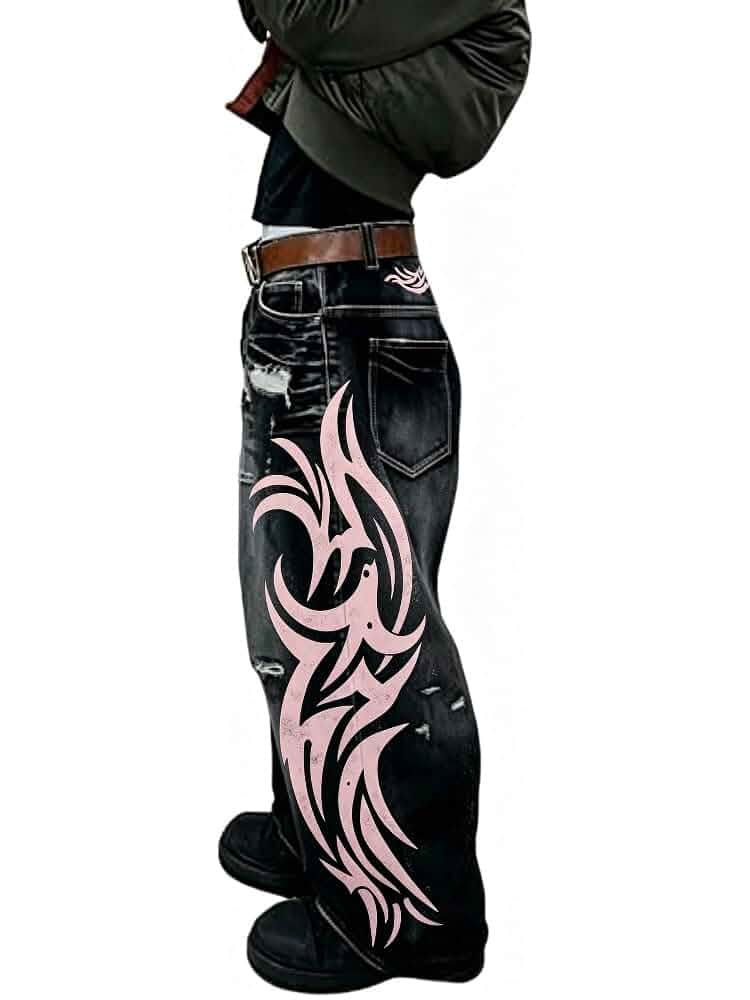 Y2K Baggy Totem Print Goth Jeans High Waist Wide Leg Unisex harajuku hip-hop streetwear, retro vintage denim, loose fit, cyberpunk aesthetic, rave festival pants