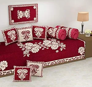 FRESH FROM LOOM 500 TC Velvet Chenille Floral Reversible Diwan Set (Red, Bed Sheet - (60 X 90 inch) or Cushion Cover - (16 x 16 inch) Bolster Cover - (16 x 30 inch)) - 8 Pieces