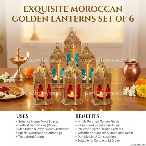 Image of Moroccan Lanterns & Candle Holders for Home Decor - Unique Diwali & Christmas Gifts (Red - Blue, Set of 6)