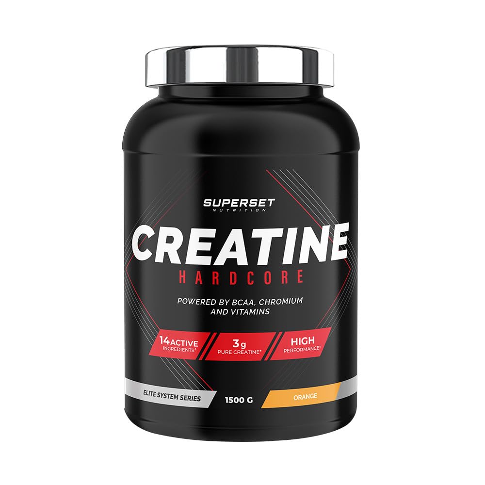 Superset Nutrition - Creatine Hardcore (1,​5kg) - Poudre soluble - 3g de créatine monohydrate par dose, BCAA, Glucides - Récupération optimale et puissance - Adaptée aux sports intenses - Orange