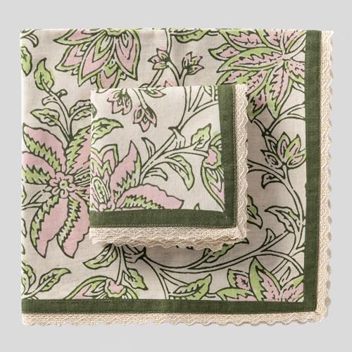 Image of FINGERCRAFT Floral Print Cloth Napkins Set of 6, 20x20 Inch, Cotton Linen Blend with Lace Edge, Block Print Table Napkins, Reusable Dinner Napkins for Dining, Parties & Festive Tables (Pink Flower)
