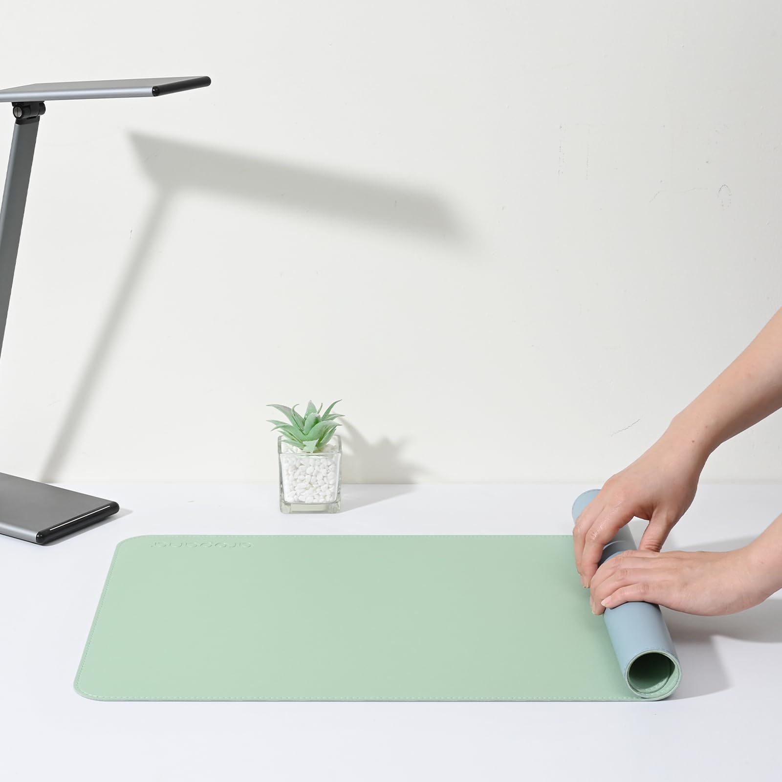 AROPANA Vegan Leather Desk Mat 60x35cm | Large Reversible Mouse Pad & Computer Table Protector | Dual-Side Waterproof Extended Laptop Pad with Edge-Stitched Design (Light Green and Blue) 2