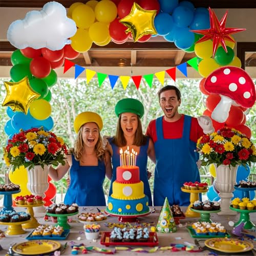 Image of Video Game Birthday Party Decorations Kit with Red Yellow Blue Balloon Arch