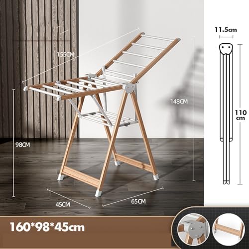 Adjustable Floor-Standing Clothes Drying Rack, Foldable Aluminum Laundry Airer with Wings, Easy Storage & Portable Use（160cm/5.2ft-Basic）