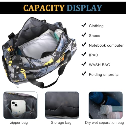 Image of GUSTAVE Duffle Bags for Men Travel Luggage Bag with Removable Shoulder Strap, Waterproof Dry Pouch & Shoe Compartment, Fashion Stained Print Oxford Cloth Gym Bag Duffle Bag, 50x22x24cm