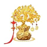 MYONEEN 木材 招財樹 金のなる木 黄水晶 シトリン 風水アイテム インテリア 金運祈願 開運 商売繁盛祈願 パワーストーン お礼 新年 贈り物 (金 普通)