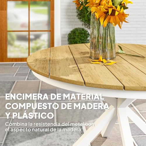 Outsunny Mesa de Jardín Redonda Mesa de Terraza Exterior Ø118x74 cm con Estructura de Aluminio Patas Cruzadas y Encimera de Listones Carga 70 kg para Patio Balcón Teca - imagen 6