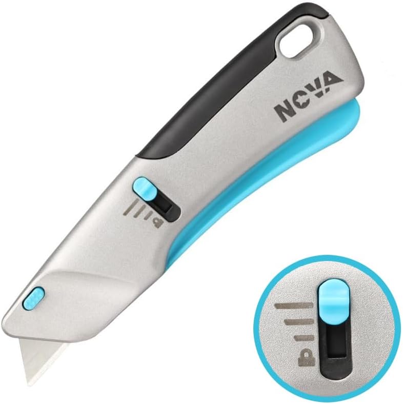 Nova Squeeze Trigger Utility Knife and Heavy Duty Box Cutter, Self Retractable Safety Knife for Cardboard & Work, Ergonomic Aluminum Body, Safety-Lock Design, Durable and Safe