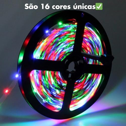 Fita LED RGB 16 Cores á Prova d' àgua 5 metros Com Fonte e Controle Remoto Gamer Festas Decoração B