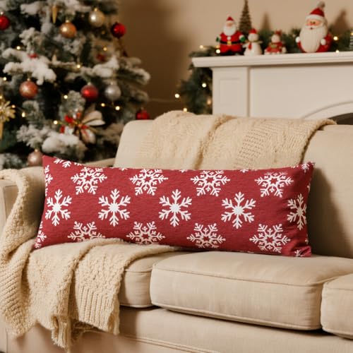 Image of Reversible Christmas Pillow Covers 14x36, Chenille Double-Sided Snowflake & Tree, Cozy Farmhouse Holiday Throw Pillowcases with Hidden Zipper for Sofa, Couch and Bed(Red,36x14)