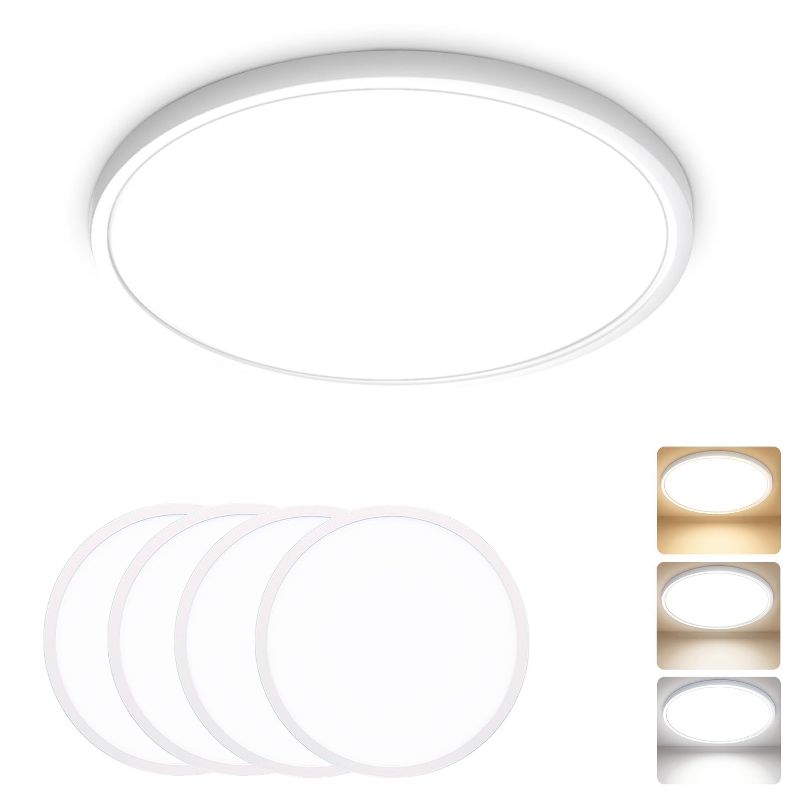 Fynokst 29CM LED Ceiling Light 24W 3200LM, 3000K/4000K/6500K 3 Color Temperature, IP54 Waterproof Bathroom Light, Modern Round LED Bathroom Light for Bedroom, Kitchen, Hallway, White 4Pack