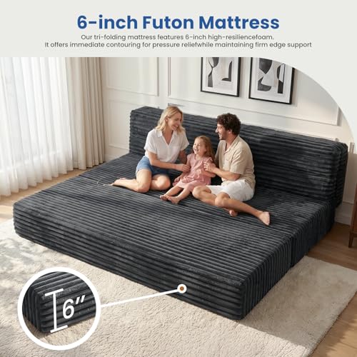 Image of Erament Tri-Fold Futon Sofa Bed, 6 Inch Foldable Floor Couch, High-Density Foam Convertible Sleeper Sofa with Removable Washable Corduroy Cover, Portable Floor Mattress for Living Room