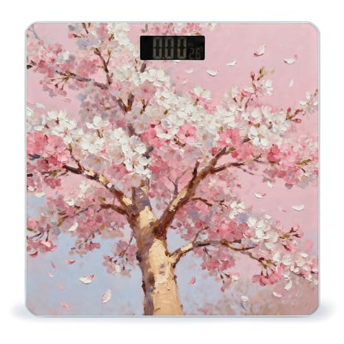 Báscula de baño de árbol de pintura al óleo para cuerpo, diseño de impresión UV, báscula de baño de alta precisión, números transparentes grandes y delgados mejorados, elegante para el hogar