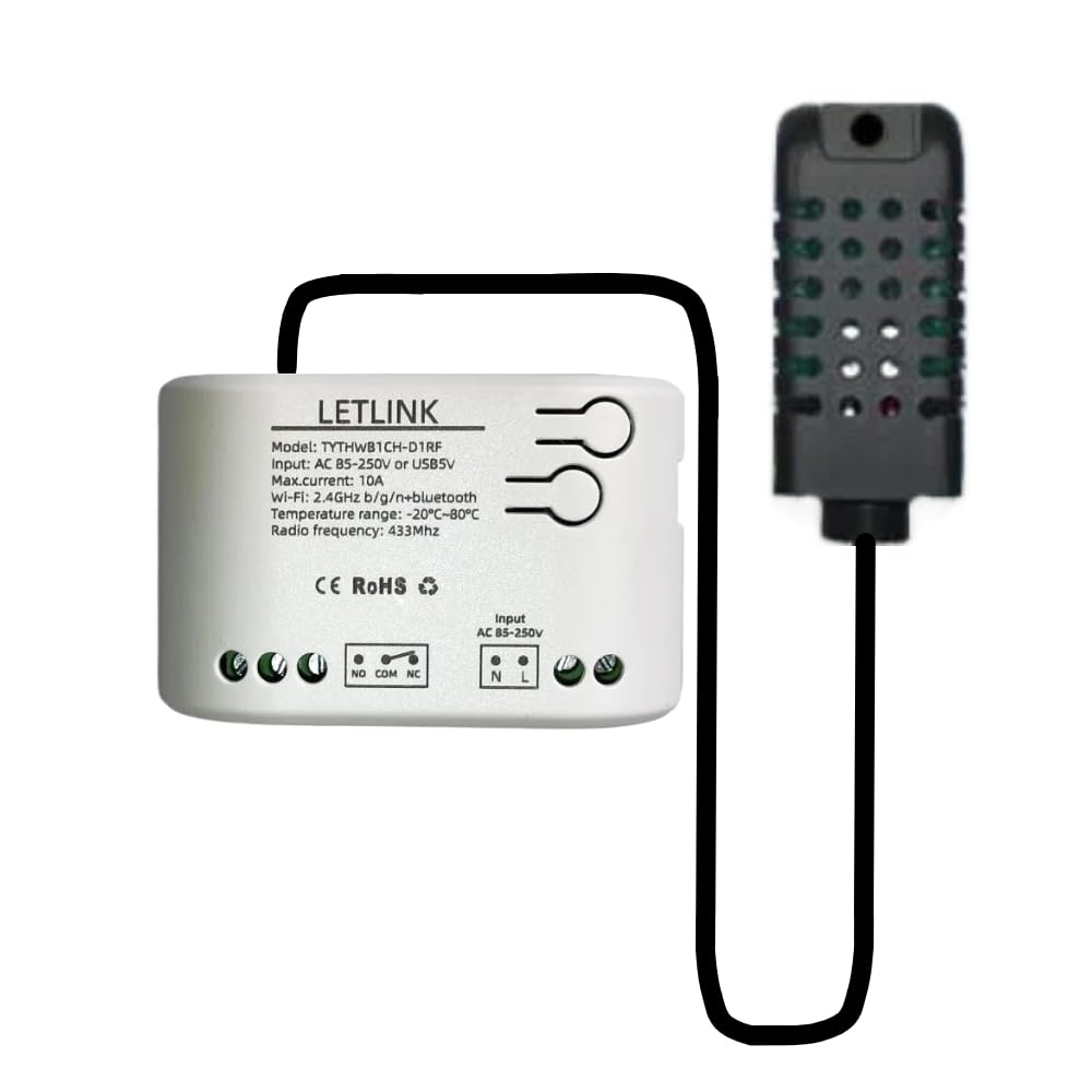 LETLINK 1CH 85-250V or USB 5V WiFi Smart Temperature Humidity Sensor Relay Switch,Dry Contact Tuya App (AC 85-250V)