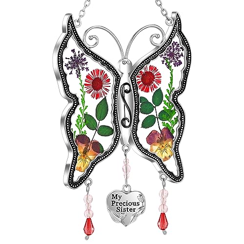Product Image of the KY&BOSAM Butterfly Suncatcher My Precious Sister Stained Glass Suncatchers for Window Hanging Wind Chime Preserved Flowers Wings and Heart Charm Gift for Sister Mother's Day Birthday Christmas Decor