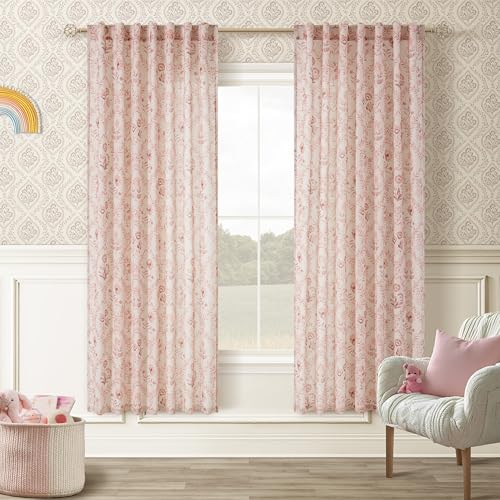Image of Pink Floral Linen Curtains 72 Inch Length Patterned Semi Sheer 2 Panels Set | Short Curtain, Light Filtering, Living Room, Girls Bedroom, Back Tab, Rod Pocket, Farmhouse, Boho, Kitchen Drapes, 52x72