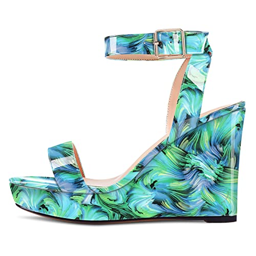 Image of Aachcol Women Platform Wedge Sandals Round Peep Open Toe Ankle Strap Slingback Two-Piece Chunky Block High Heel Dress Shoes Pumps Party Patent 4 Inch
