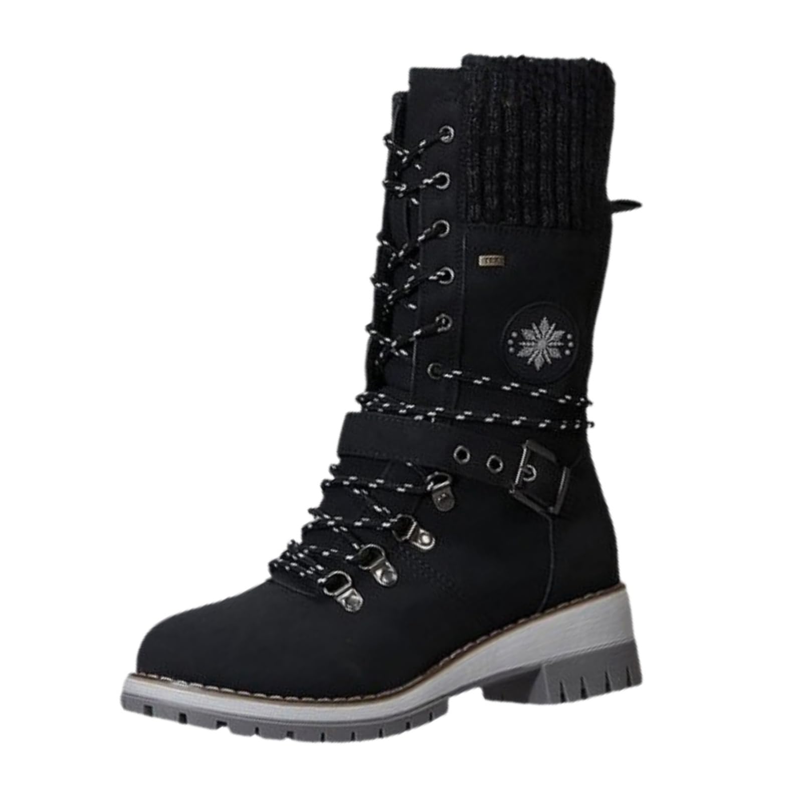 Womens Winter Warm Mid-Calf Snow Boots Lace-up Gothic Side Zipper Punk Buckle Booties Vintage Round Toe Low Heel