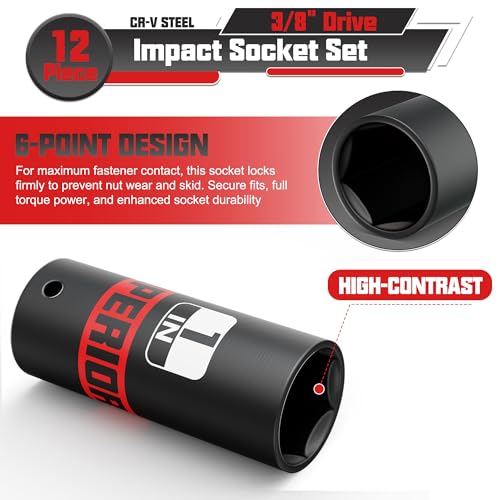 Image of 12 Piece 3 /8 inch Drive Impact Socket Set, 5 /16 inch- 1 inch Deep Socket, SAE, 6 Point, CR-V, Automotive Motorcycle and Bicycle Maintenance, Machinery Manufacturing