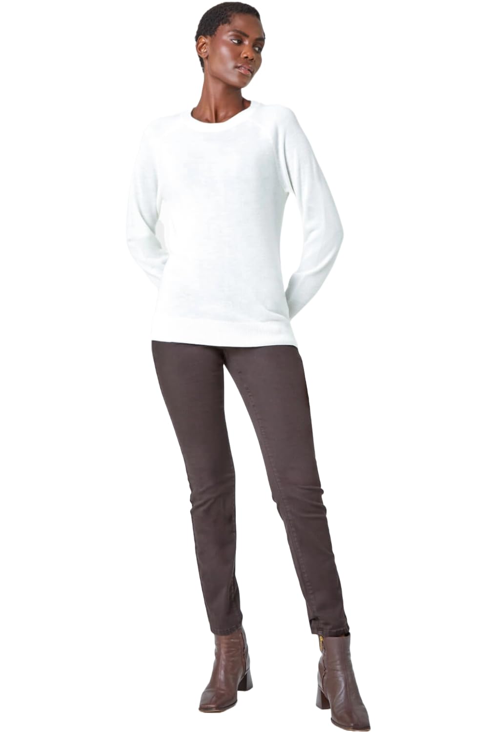Roman Originals Women's Ivory Soft Jumper For Uk Winter Autumn Sweater Knit Knitwear Round Crew Neck Top Plain Lightweight Comfy Long Sleeve Split Hem Everyday Daywear - Size 12