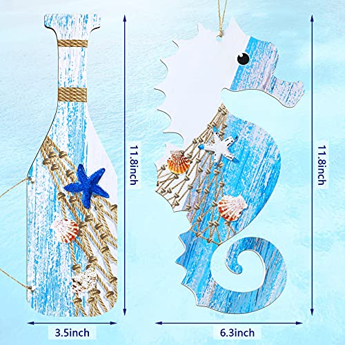 2 Pieces Wooden Seahorse Wall Decor Oar Hanging Signs Sea Theme Seahorse Oar Wall Art Nautical Wall Signs with Starfish and Shells Plaques Beach Decorations for Home Office Christmas Party - Image 2
