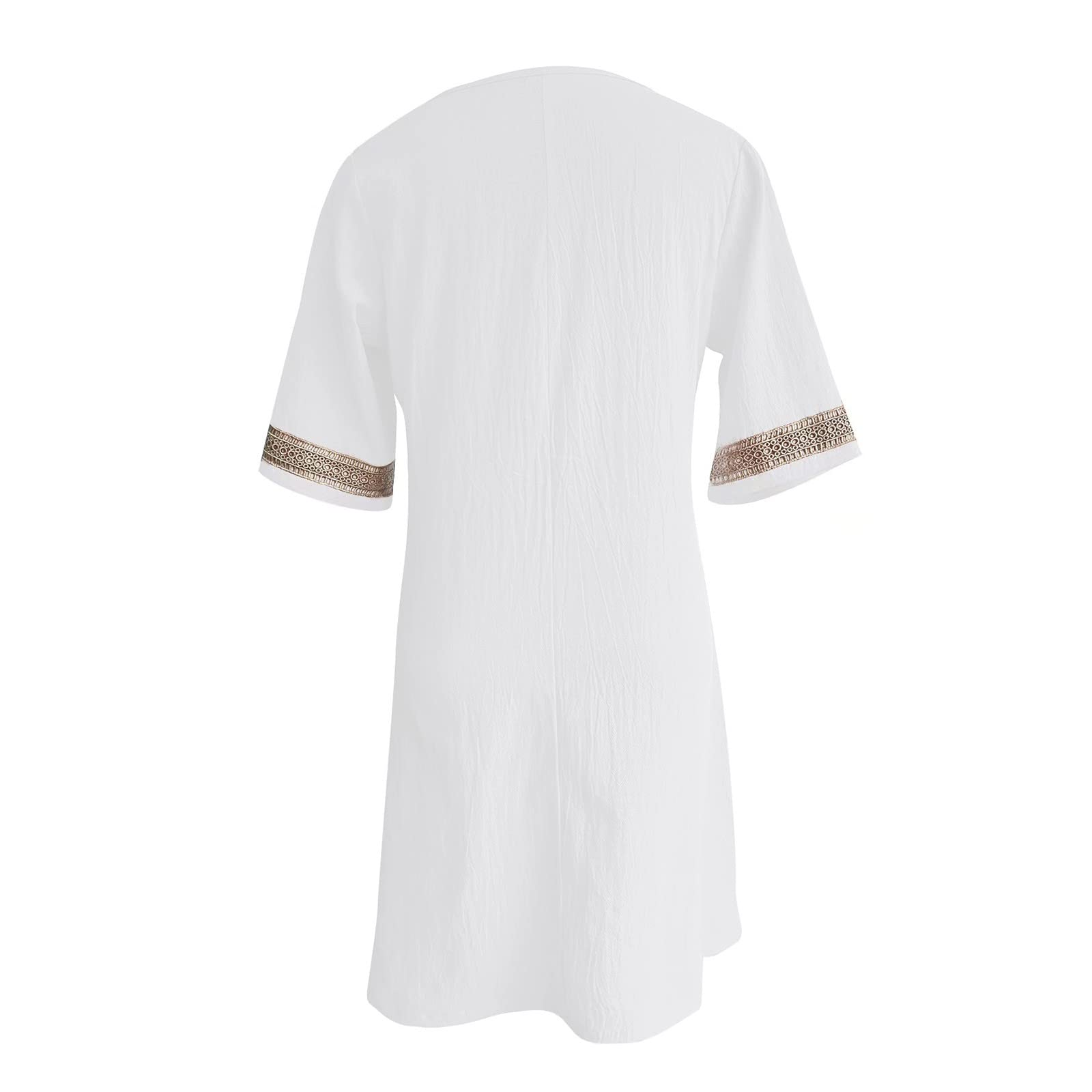 Générique Robe Lin Femme Été, Robe Mi Longue Femme Droite, Col en V en Manches Courtes Coupe Trapèze Robe De Plage Ample Rétro Robe en Lin Décontractée pour Fêter Robe De Vacances À La Plage