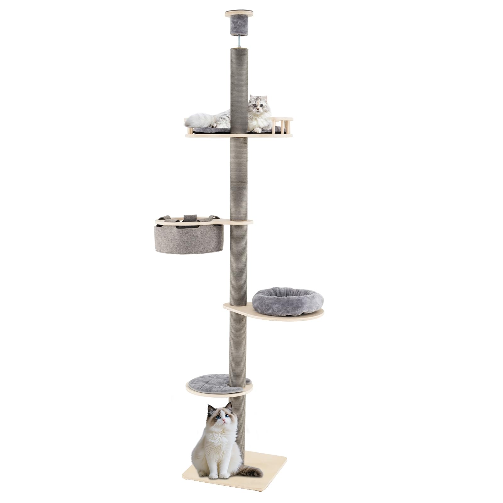 COSTWAY Árbol para Gatos del Suelo al Techo, Torre de Gatos de 5 Niveles Ajustable de 236-271 cm con 3 Plataformas y Hamaca, Base 48x48 cm, Postes Rascadores, Ideal para Gatitos, Gris