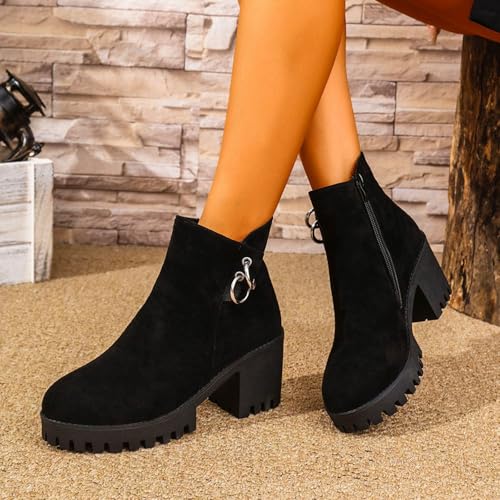 Platforms Ankle Boots For Women Stylish Suede Splicing Leopard Print Chunky Block High Heels Round Toe Side Zipper Lug Sole Western Booties Retro Cowgirl Dressy Daily Short Shoes2