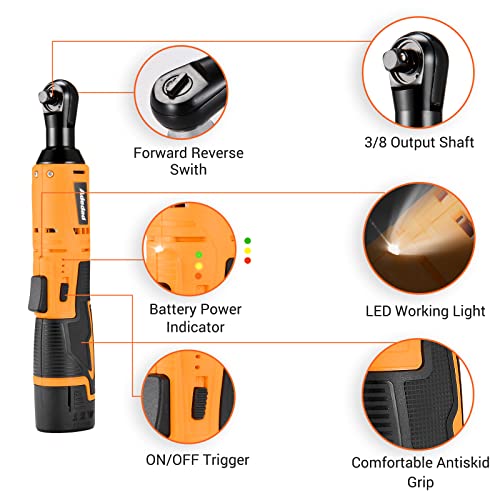 Adedad Cordless Ratchet Wrench Set W/ 2 Batteries, 3/8” 40Ft-Lbs 400 Rpm 12V Battery Powered Ratcheting Wrench Tool Kit, Variable Speed Trigger, 10 Sockets #TOP1