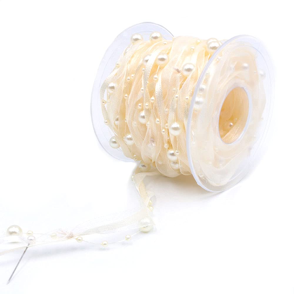 ANCLLO 10M Artificial Bead Ribbon Chiffon Ribbon and Organza Lace Ribbon Trims (Beige)