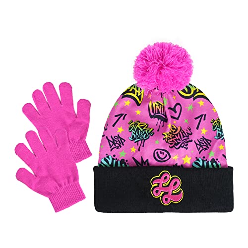 Concept One That Girl Lay Beanie Hat and Gloves Set, Kids Cuffed Winter Knit Cap with Pom and Mittens