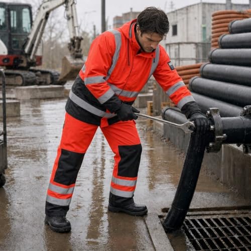 Image of 3-Piece Hi-Vis Rain Suit, Safety Jacket with Hood & Bib Overalls
