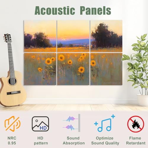 Paneles acústicos de arte 6 pack, absorción de sonido, diseño girasol, paisaje abstracto, adhesivos para estudios y oficinas 72"x48" miniatura 3