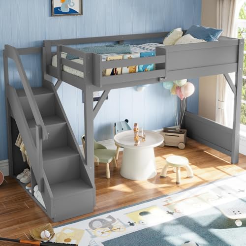 Image of KEIKI Solid Wood Twin Size Loft Bed Frame with Stairs Built-in Wardrobe | Twin Size Loft Bed with Storage Shelves, Full-length Guardrails, No Box Spring Needed for Bedroom, Dorm, Gery