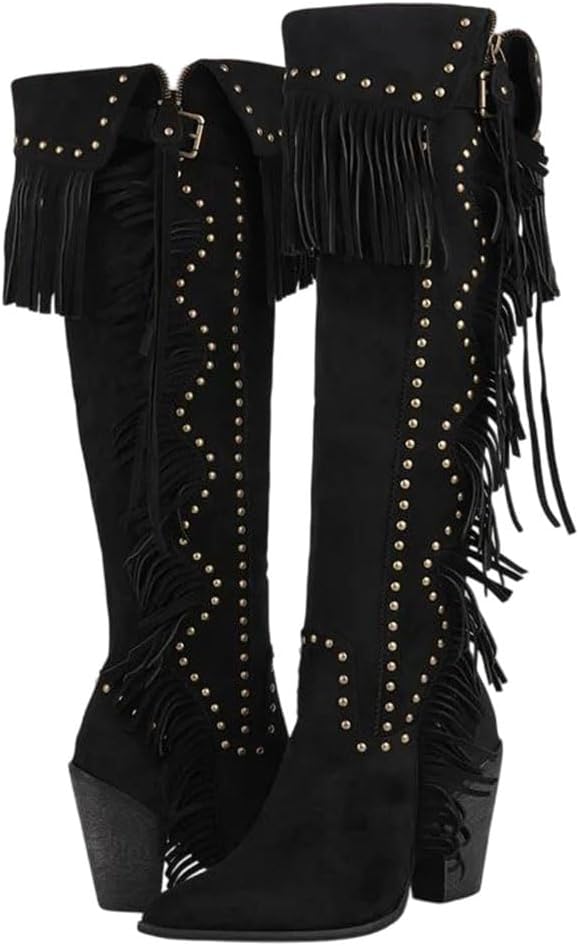 Women’s Vintage Brown Knee High Boots Pointed Toefringe Leather Look Side Zip Stylish Long Boots