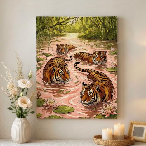 Lienzo decorativo de tigre con estampado animal en naranja y verde vibrante