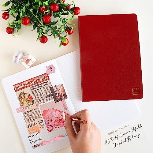 Image of NEORAH - A5 Checked Notebook (Square Ruling) SOFT COVER | Organiser REFILL | 110 GSM | 160 pages (Size 21 cm x 14.8 cm) Planner Journaling Writing Note Taking Diary, Travellers Journal- Red