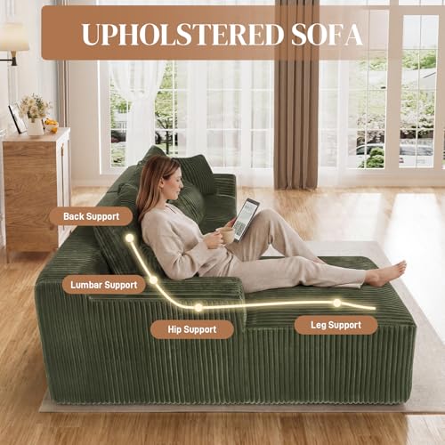 Image of 110 inch L Shaped Cloud Boneless Sectional Couches for Living Room, Modern Comfy Modular Deep Seat Memory Foam Compressed Corduroy Sofa Oversized Left Facing Chaise, No Assembly Required, Green
