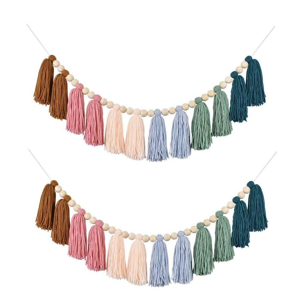 CTRLZS 2PCS Rainbow Boho Tassel Garland Colorful Wall Hanging Garland With Wood Beads Party Baby Shower Decor
