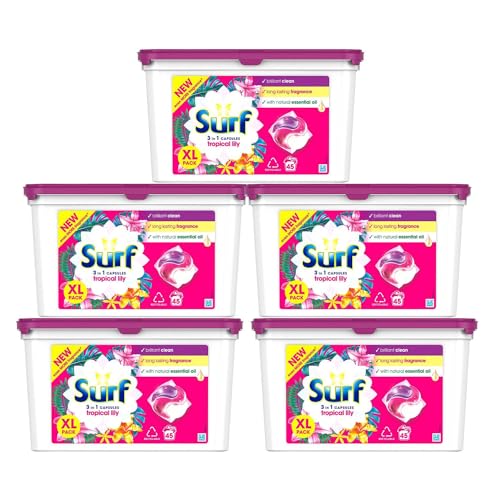 Surf 3-in-1 Tropical Lily Washing Detergent Capsules Brilliant Clean Long Lasting Fragrance and Made with Natural Essential Oil Laundry Detergent XL Pack, 45 Washes (Buy 5)