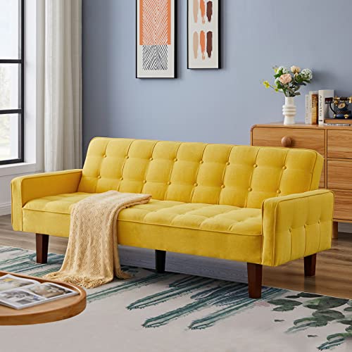Betoko Linen Futon Sofa Couch 73.6" Fabric Upholstered Convertible Sofa Bed Minimalist Button Tufted Small 3 Seater Sleeper Futon Couch Set For Living Room Bedroom (Yellow) #TOP20
