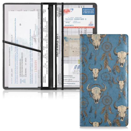Car Registration and Insurance Holders Vintage Bisons Blue Print, PU Leather for License Documents Cards